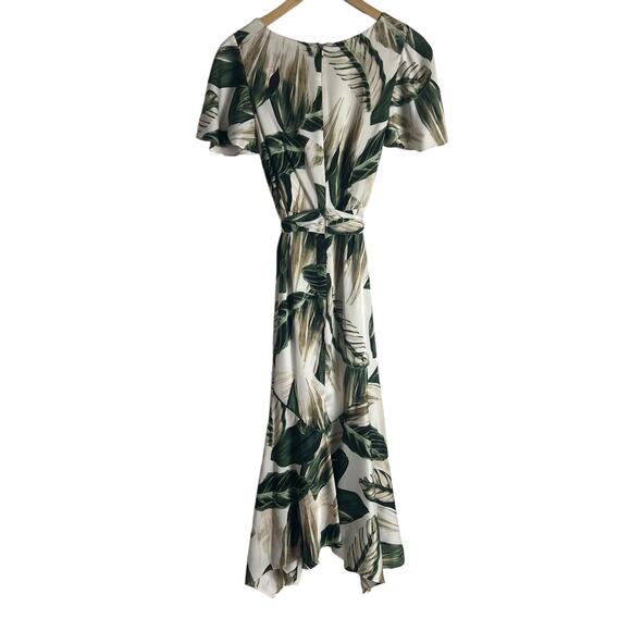 Great Jones Cream Green Tropical Leaf Print Tie Waist Midi Dress Size 8 - Picture 13 of 16